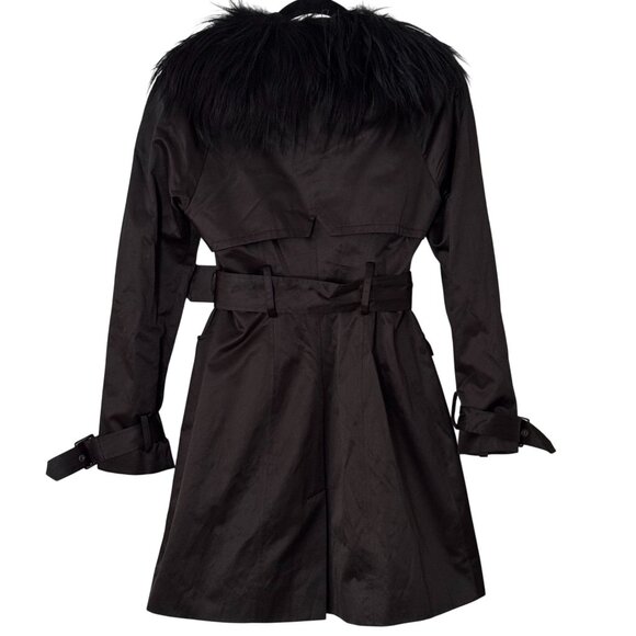 Bebe Black Trench Coat Real Fur Trim Collar Designer Zipper Belt Size XS - Picture 4 of 14